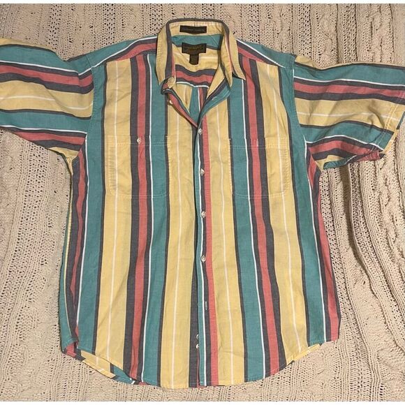 VTG 90’s Eddie Bauer Northwest Chambray Bold Striped Short Sleeve Button Down Co - Picture 3 of 8